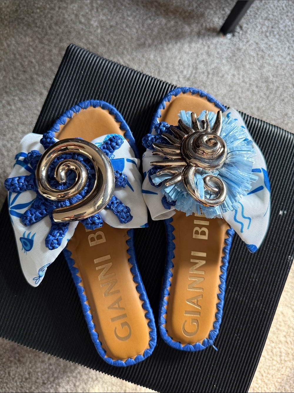 Gianni Bini Blue and White Decorative Slide Mules